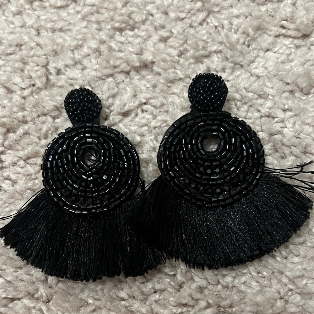 Elegant Black Beaded Tassel Earrings